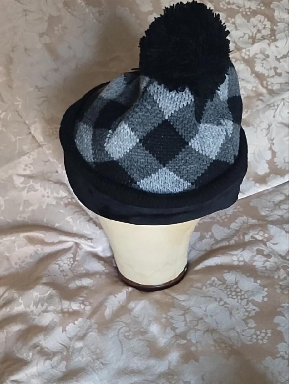 Field & Stream Black and Gray Buffalo-Check Pom Beanie